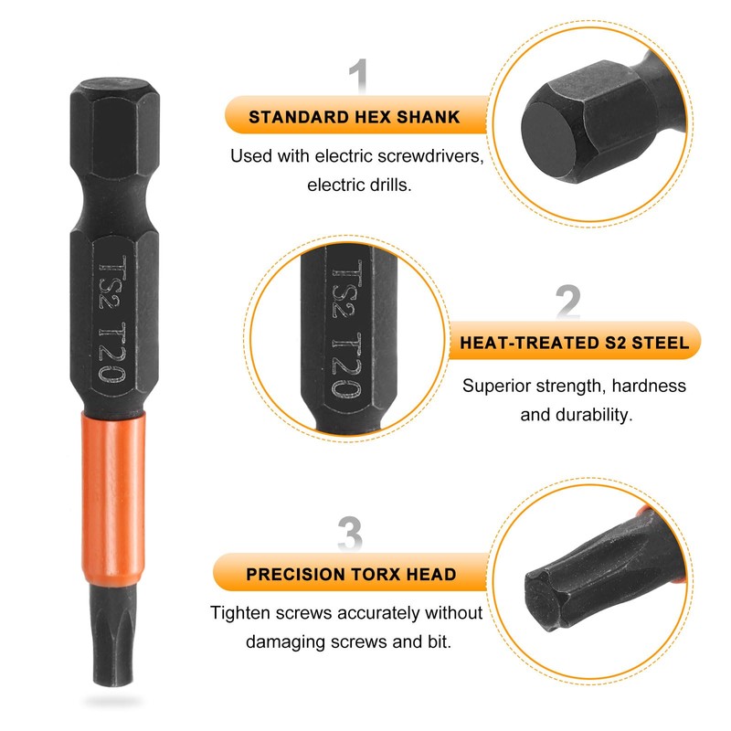 HARFINGTON T20 Torx Head Screwdriver Bit 2" (50mm) Long 1/4"