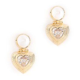 Simulated Pearl Door Knocker Earring With Bezel Set White Cubic Zirconia Heart Drop - Choice of Colors, Metal, No Gemstone