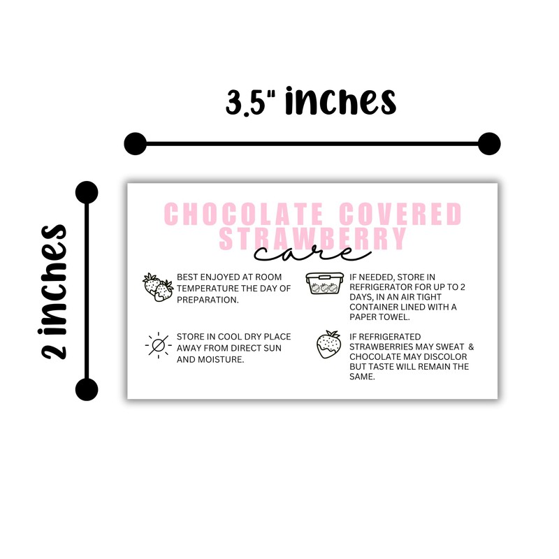 Chocolate Covered Dipped Strawberry Care Instruction Cards | 50pk 2x3.5”
