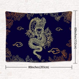 UHOMETAP Dragon Art Tapestry, Chinese Mythology Legend Dragon Tapestry Golden Dragon and Cloud with Flowers Tapestry Bohemian for Bedroom and Living Room Home Decor 80x60 Inches GTWYUH114
