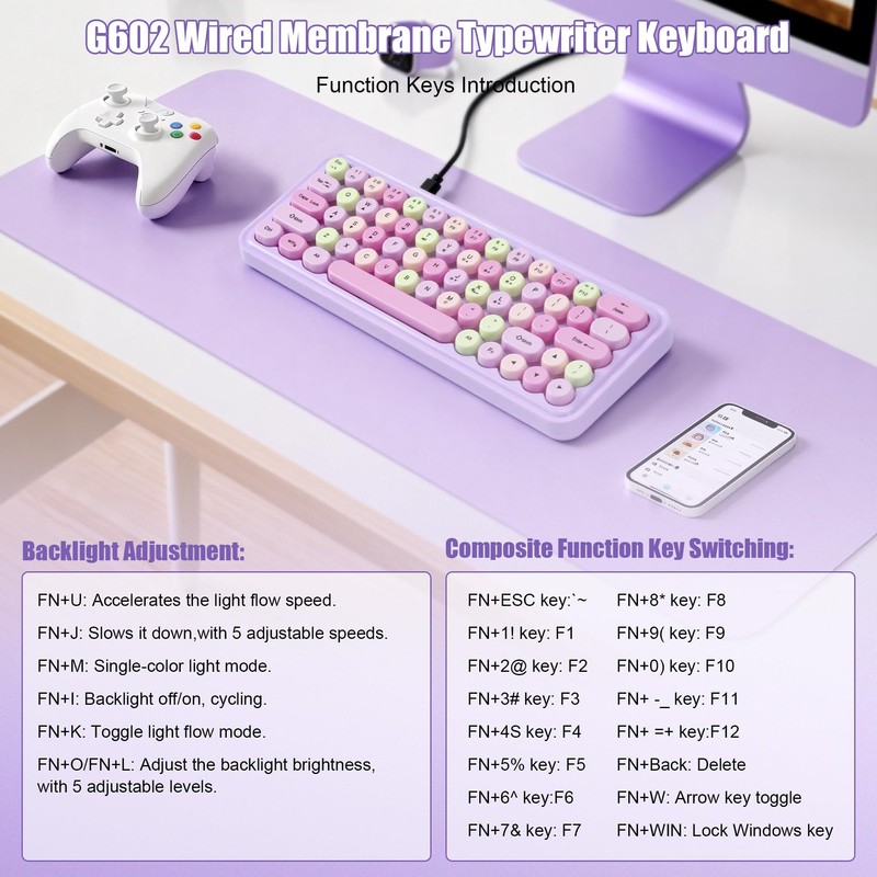 Wired RGB Creamy Typewriter Keyboard. 65 Percent Retro LED Membrance