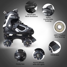 MammyGol Roller Skates for Boys Girls, 4 Sizes Adjustable Quad Skates for Kids with All Light up Wheels, Full Protection for Toddler's Indoor and Outdoor Play Black Ages 8-12 Large - Youth (5-8US)