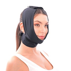Post Surgery Facial Compression Neck Coverage Chin Strap, V-Shaped Face Slimmer, Jowl Tightening Chin Lifting Double Chin Reducer Band (S/M, Black)