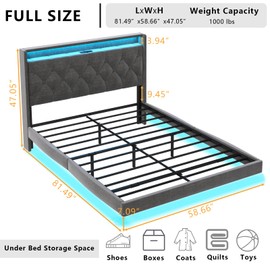 Loomie Full Floating Bed Frame with LED Lights & Charging Station, Upholstered Platform Bed with Button Tufted Wingback Storage Headboard, Wood Slats Support, No Box Spring Needed, Easy to Assemble