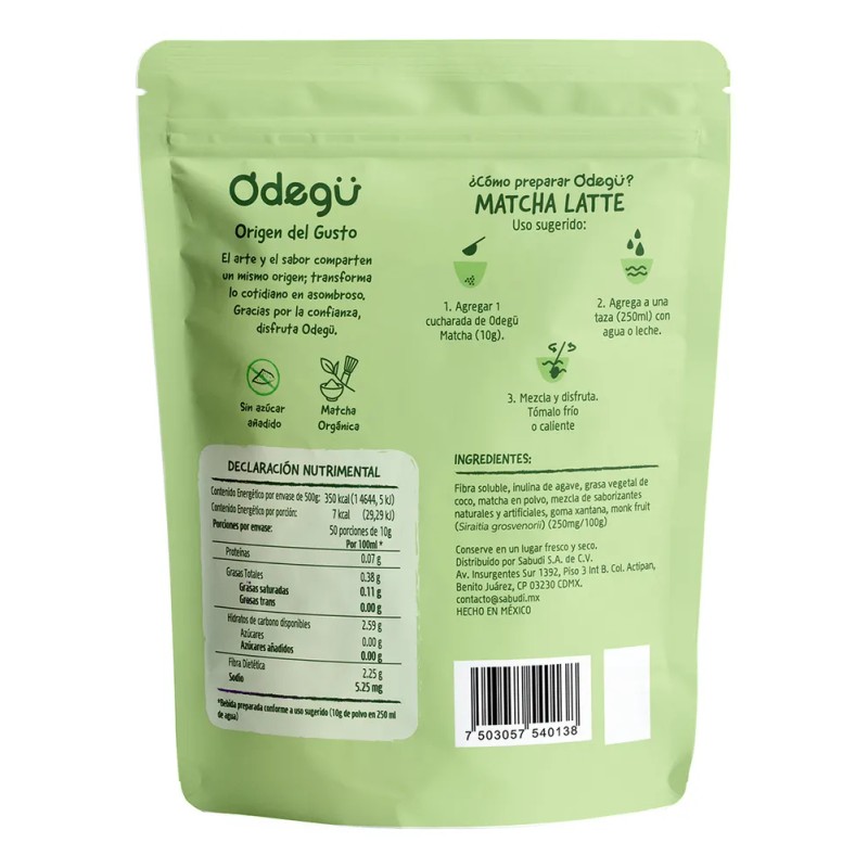Odegü Matcha Latte 500g, Bebida En Polvo Sin Azucar