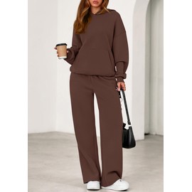 PRETTYGARDEN Women's 2 Piece Outfits Fall Sweatsuits Oversized Hoodies Wide Leg Sweatpants Tracksuits Lounge Matching Sets (Brown,L)
