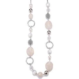 Women's Long Pearl Necklace, Statement Boho Silver Metal Necklace, Wedding Anniversary Fashion Jewellery, Gifts, Jumper, Necklace for Women, Resin Glass Pearl,