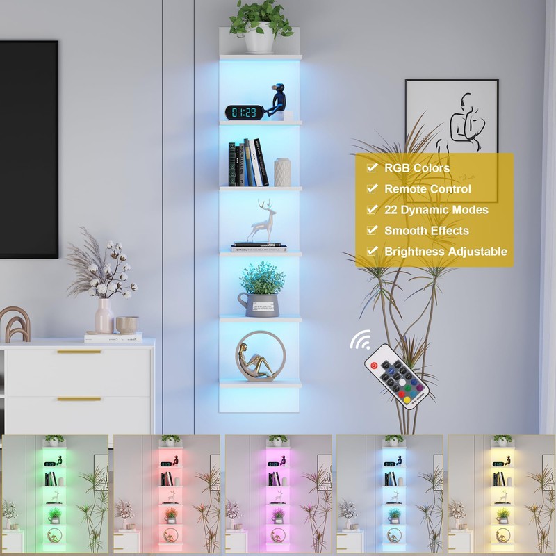 Qupui 6-Tier Wall Shelf with RGB LED, 57" Floating Storage,