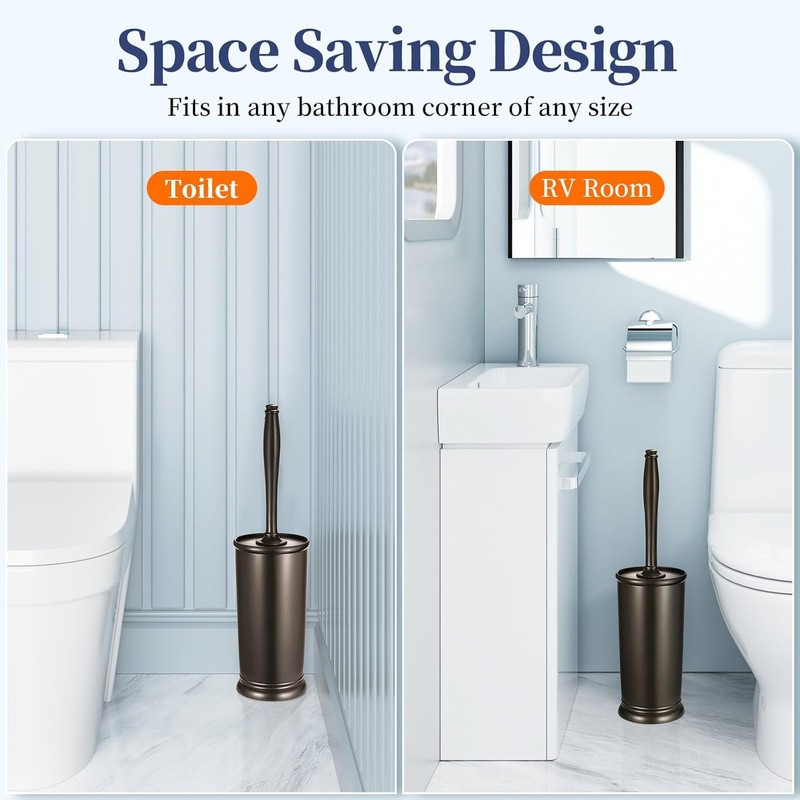 Toilet Bowl Brush Holder Set: Classic Round Bristle Head Deep
