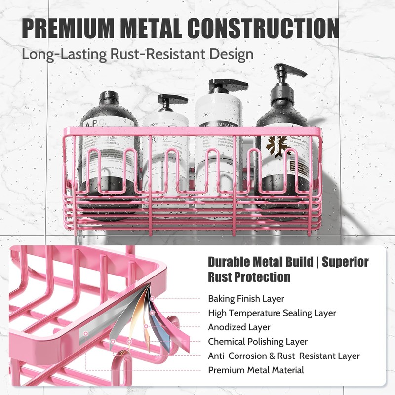 Dimyno Pink Shower Caddy 6 Pack, Adhesive Shower Shelves, No