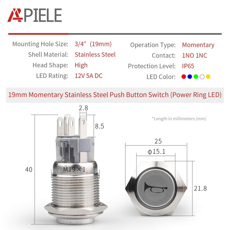 APIELE 19mm 12V Momentary Speaker Horn Push Button Toggle Switch