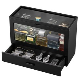 LUTARNIA Cologne Organizer for Men, Wooden Perfume Organizer Cologne Stand with Drawer Storage Large Capacity, Gift for Men (Black)