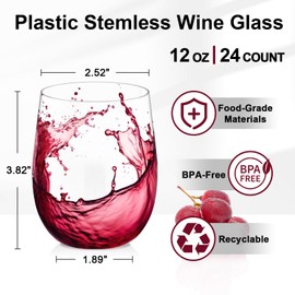 Lamosi 24 Pack Plastic Wine Glasses Disposable, 12 oz Stemless Wine Glasses for Party, Unbreakable Reusable Crystal Clear Wine Cups, Shatterproof and BPA-Free