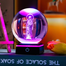 YWHL 3.14inches 3D Crystal Virgin Mary and Baby Jesus Ball with Colorful LED Base Laser Engraved Blessed Mother and Child Jesus Figurine Religious Gifts Keepsakes Decor for Christian Catholic Church