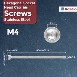 Kozelo 6pcs Socket Head Cap Screws - [M4-0.7 x 80mm] 304 Stainless Steel Allen Socket Drive for Electrical Motor 3D Printing Fan Engine Replacement Use, Silver