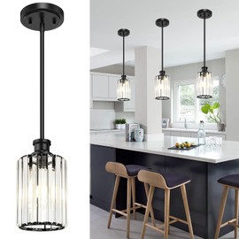 Onwecen Black Pendant Light, Modern Crystal Pendant Lights, Kitchen Island Lighting with Adjustable Height, Island Lights for Kitchen Dining Room Bedroom Hallway 3-Pack
