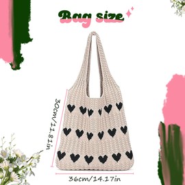 FAINCA Strandtasche UmhäNgetasche Damen, 30x36cm HäKeltasche, HerzföRmige Strandtasche Damen, Teenager und Mädchen Gestrickte Tasche, Tote Bag für Einkaufen Urlaub Reise (Khaki)