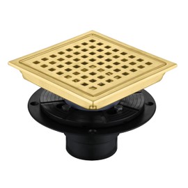 Homfan 4 Inch Square Shower Floor Drain, Brushed Nickel High Flow Shower Drain Kit with Flange with Hair Filter, Removable Grate Cover, Stainless Steel, Abs Fixing Tray, CUPC Certified (Brushed Gold)