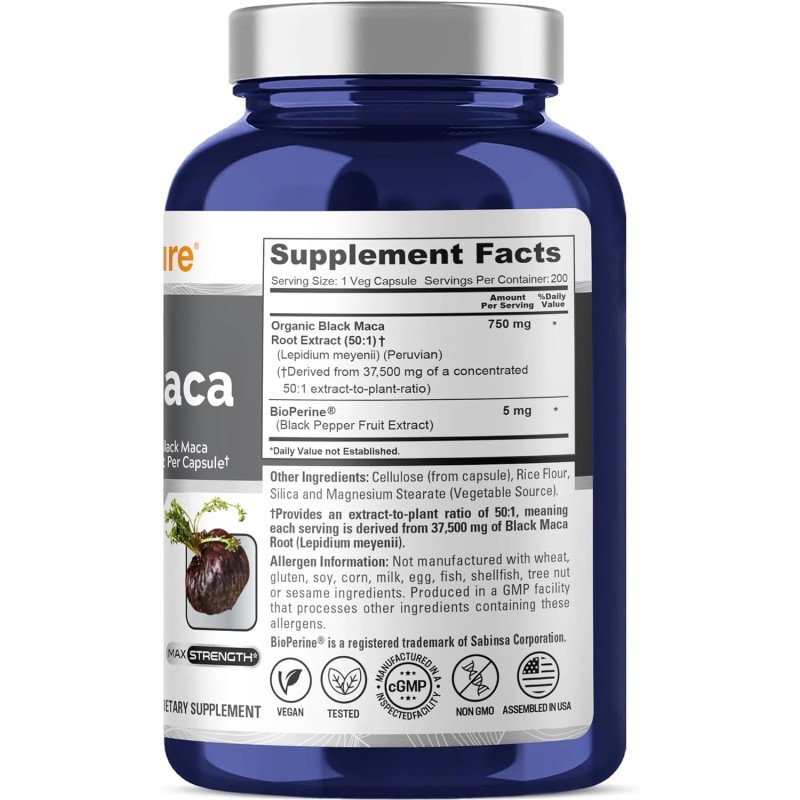 NusaPure Black Maca Root 50:1 Extract, 750 mg Equivalent to