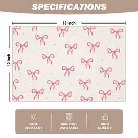 Pink Bow Linen Placemats Set of 4, Cute Waterproof Washable Heat Resistant Place Mats 12x18 Inch, Table Mat for Bridal Shower Wedding Outdoor Indoor Home Kitchen Birthday Party Dining Decoration-13