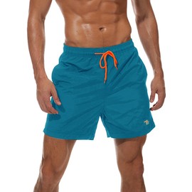 TBMPOY Men's Swim Trunks Quick Dry Beach Shorts with Mesh Lining(CA PBU S) Peacock Blue