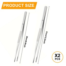 2 Sizes Metal Cooking Tongs & Tweezers Set - 12-Inch & 10-Inch Long Tweezer, Chef Tweezers for BBQ/Food Plating, Dishwasher Safe Metal Tongs