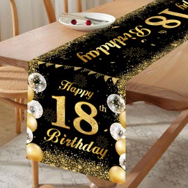 Table Runner 18th Birthday Black Gold Table Decoration Birthday for 18th Birthday Boys Girls, Anniversary Celebration Party Dinner Tablecloth Decoration for Home Kitchen, 180 x 35 cm (Black Gold-18th)