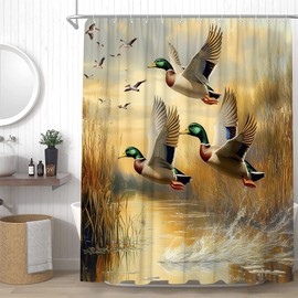 YSSFAV Mallard Duck Shower Curtain Flying Ducks Rustic Hunting Country Lake Wildlife Nature Scenery Bathroom Decor Curtains Set with Hooks, 70" W x 70" H