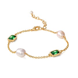 XYJZXY Gold Tiny Pearl Bracelet 18K Gold Plated Pearl Bracelet for Women Cubic Zirconia Adjustable Bracelet Dainty Gold Bracelet (green)