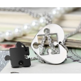 Rofusn 2PCS Heart Puzzle Pieces Matching Pendant Necklaces for Couples, Stainless Steel Couples Necklaces Valentines Jewelry,18"/21" Chain-Black/Silver