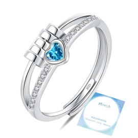 Birthstone Rings for Women,Dainty Sterling Silver Plated Fidget Rings,Blue Anxiety Heart Ring,Adjustable Spinner Birthstone Ring for Women,March Birthday Christmas Gifts for Wife Daughter Sister