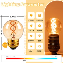 Grensk E26 Amber LED Light Bulbs 25 Watt, 3W Vintage Spiral Filament Light Bulbs,G16.5 Small Edison Globe Bulbs 2200k Ultra Warm Light for Various Decorative Lighting,180LM,AC120V,2pcs