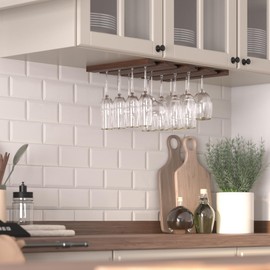 Rustic State Vigo 4 Sectional Adjustable Under Cabinet Stemware Rack - Hanging Wood Shelf Glassware Holder Bar Organizer with up to 12 Wine Glass Storage 11 Inch Deep - Chestnut