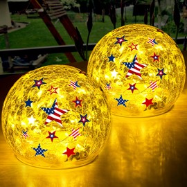 FRAMICS 4th of July Decorations 2 PCS Patriotic Star Globe Night Light with Timer Independence Day Star Crackle Glass Balls Memorial Day Lighted Decorative Ball Lamp Tabletop LED Light Decor Gift, 4"