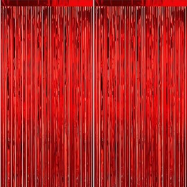 XIKSXITN 2 Pack Red Fringe Curtains Backdrop, 3.2ftx 8.2ft Red Streamers, Fringe Backdrop for Photo Booth Wedding Graduations Birthday Party Backdrop
