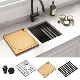 LQS Black Bar Sink Undermount, Undermount Bar Sink Stainless Steel 13" x 15", Small 10" Deep Single Bowl Kitchen Sinks, Smart Workstation Ledge With Cutting Board For RV, Outdoor and Prep Use