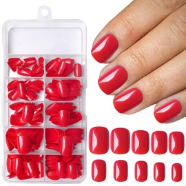 AddFavor 240pcs Press on Nails Short Square Fake Nails Glossy Full Cover Acrylic Artificial Glue on Nails Kit for Women and Girls, Red-Hot Nails