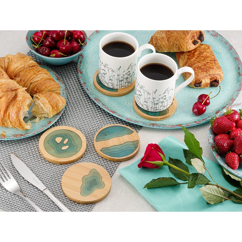 Round Ocean Wave Epoxy Resin and Bamboo Coaster Drink Mat