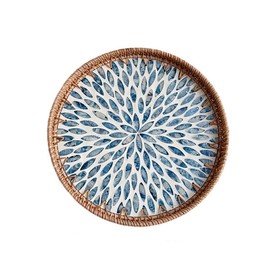 Mother of Pearl Tray Round Rattan Tray with Mother of Pearl Inlay Rattan Serving Tray with Wooden Base, Decorative Wicker Basket for Table Decor Bread Fruits Coffee, Leaf (Blue)