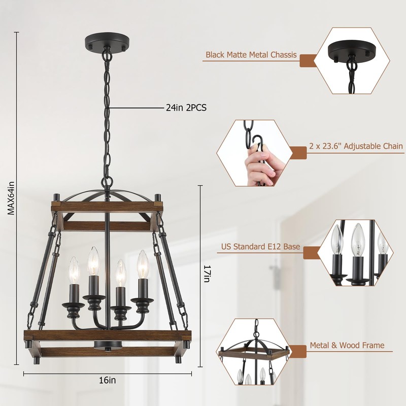 9MMML 4-Light 𝐋𝐚𝐧𝐭𝐞𝐫𝐧 𝐂𝐡𝐚𝐧𝐝𝐞𝐥𝐢𝐞𝐫, Industrial Black Geometric Pendant Light Fixture