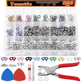 Tanstic 807Pcs(200 Sets) Snaps Buttons with Fastener Pliers Press Tool Kit, 9.5mm 10 Colors Hollow Metal Snap Fasteners with Fastener Pliers, Punch, Soft Ruler, Sewing Chalk for Sewing Crafting