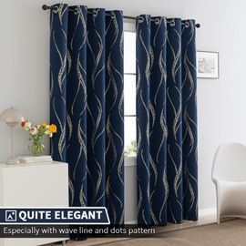 Yakamok Blackout Curtains for Livingroom, Curtains 63 Inch Long - Navy Blue and Gold Waver Curtains with Pattern, Grommet Room Darkening Drapes for Bedroom (52W x 84L Inch, Navy Blue, 2 Panels)