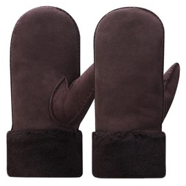 Harssidanzar Winter Mitten Gloves,Mens Sheepskin Shearling Heated Warm Furry Cuff Mitten Gloves For Winter Cold Weather KM042,Brown,Size M