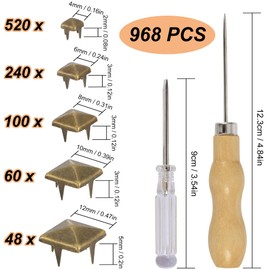 YORANYO 968 Pcs Assorted Sizes Square Pyramid Studs Prong Studs for Clothing Leather Rivet Kit Spikes and Studs for Leather Craft Clothing Belts Bags Shoes Bracelets Dog Collar Accessories (Bronze)