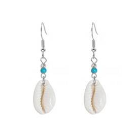 Cute Cowrie Shell Turquoise Dangle Drop Earrings for Women Gold Earrings Boho Natural Seashell Conch Puka Hook Dangling Lightweight Hypoallergenic Fashion Hawaiian Beach Summer Holiday Jewelry Gift (Silver)