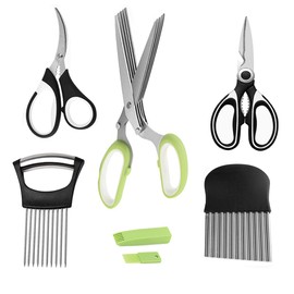 Kitchen Shears with Protective Sheath, Seafood Scissors, 5 Blade Herb Shears w/Safety Cover & Cleaning Comb, Onion Holder and Crinkle Cutter, 5 Set Kitchen Gadget Salad Tools