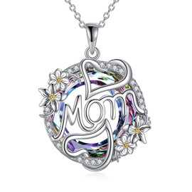 YFN Mother Crystal Necklace Sterling Silver Mum Flower Pendant Jewellery Birthday Mother's Day Gifts for Women