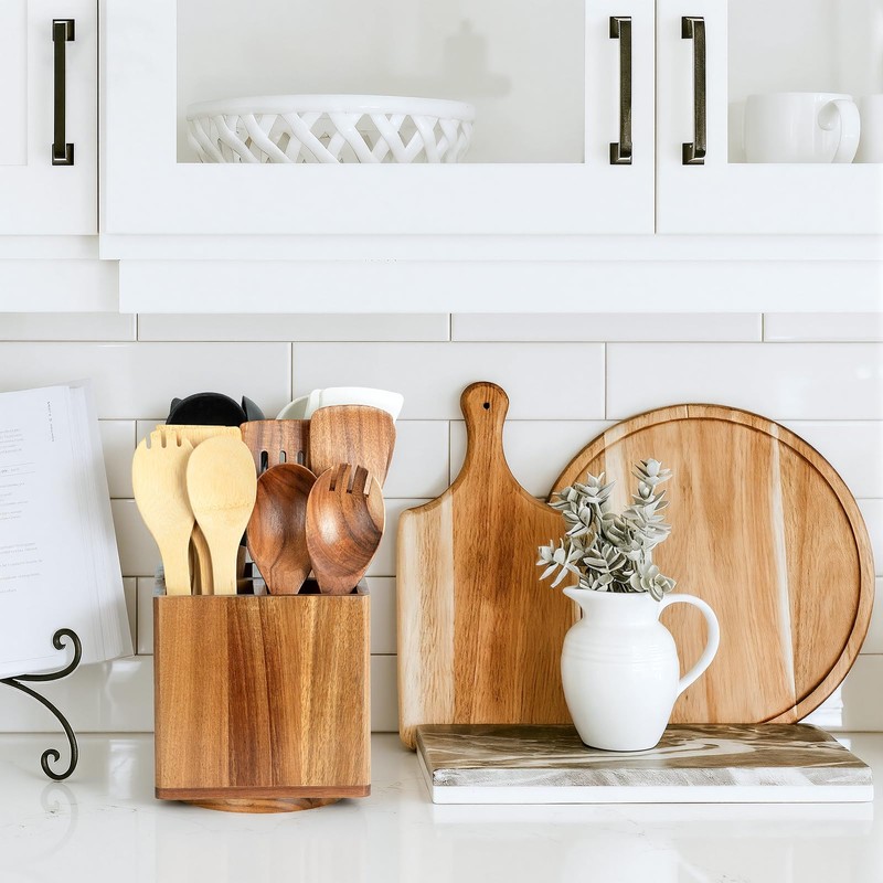 NACIMAX Acacia Wood Extra Large Rotating Utensil Holder for Kitchen