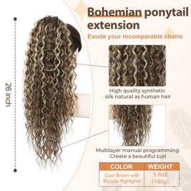 Flufymooz Ponytail Extension, 26 Inch Bohemian Style Drawstring Ponytail Hair Extensions for Women, Long Curly Wavy Pony Tail Natural Synthetic Hairpiece for Women (Cool Brown with Blonde Highlights)