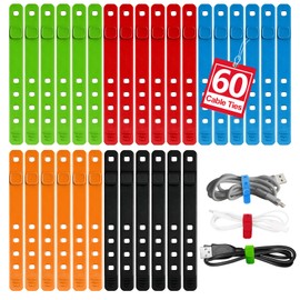 60Pcs Silicone Cable Ties, 5-Colors Reusable Cord Organizer